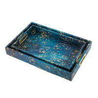 Rectangular Tray Set of 2, Marble Design, Gold Handle, Teal Blue 16, 18 Inch - BM351002