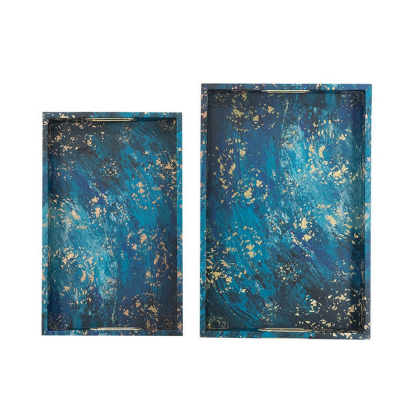 Rectangular Tray Set of 2, Marble Design, Gold Handle, Teal Blue 16, 18 Inch - BM351002