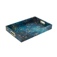 Rectangular Tray Set of 2, Marble Design, Gold Handle, Teal Blue 16, 18 Inch - BM351002