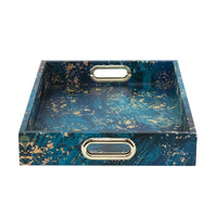 Rectangular Tray Set of 2, Marble Design, Gold Handle, Teal Blue 16, 18 Inch - BM351002
