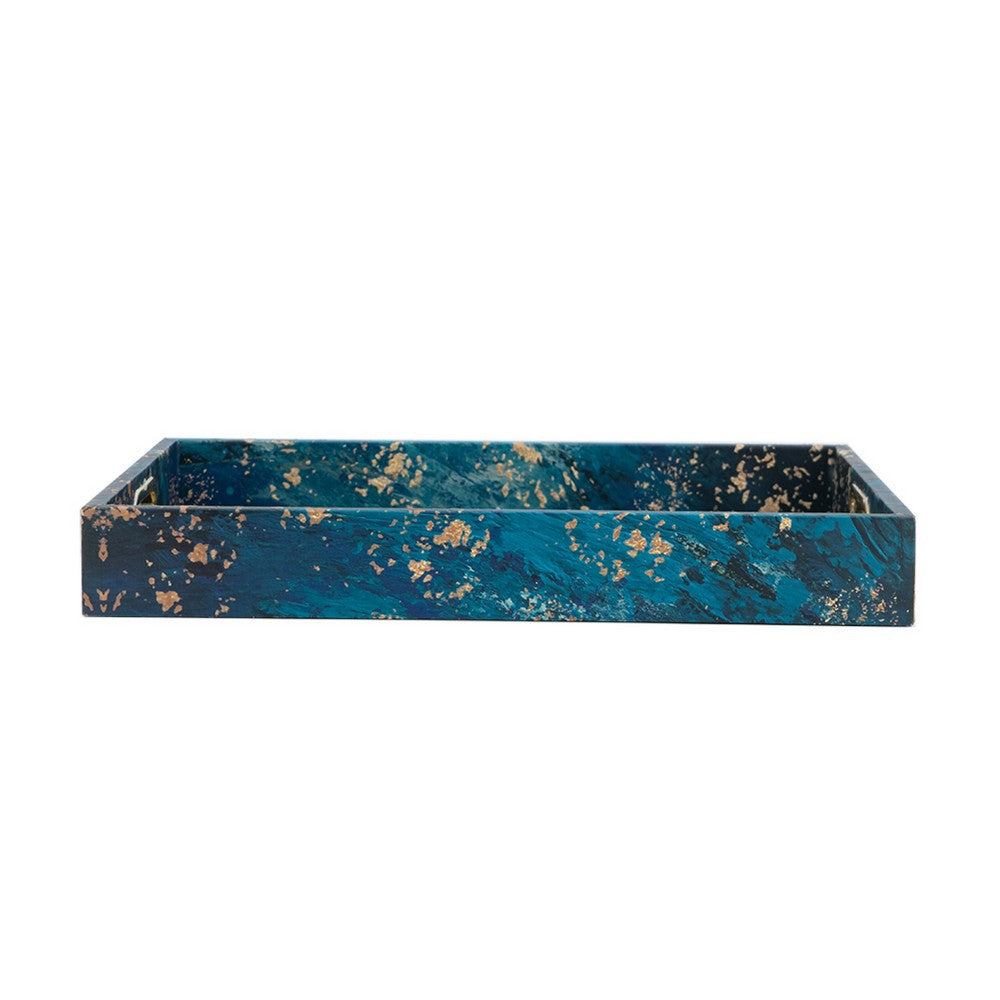 Rectangular Tray Set of 2, Marble Design, Gold Handle, Teal Blue 16, 18 Inch - BM351002