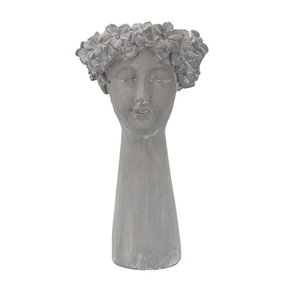 Decorative Vase, Women Head with Flower Wreath, Gray Cement, 23 Inch - BM351006