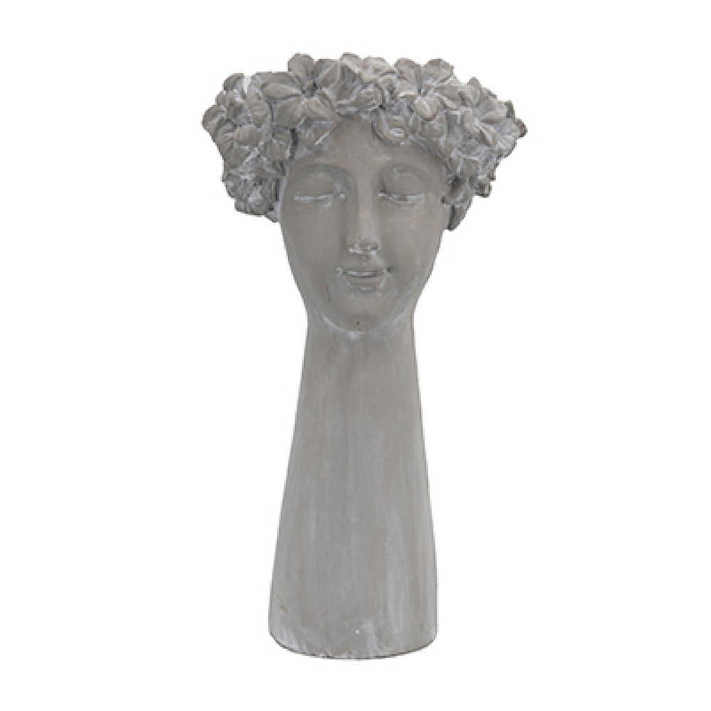 Decorative Vase, Women Head with Flower Wreath, Gray Cement, 23 Inch - BM351006