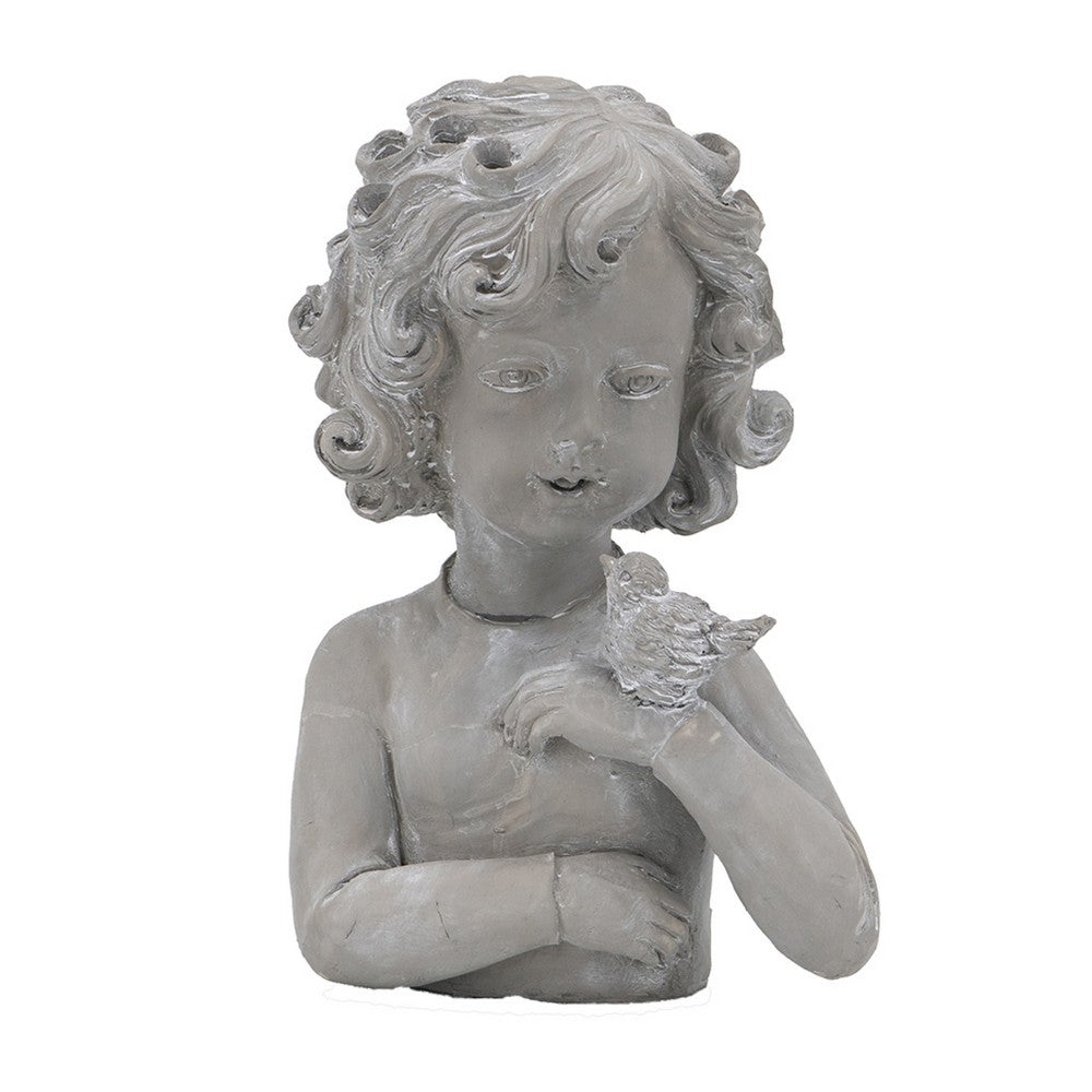 Decorative Vase, Bird on Girl's Hand Sculpture, Gray Polyresin, 12 Inch - BM351009