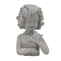 Decorative Vase, Bird on Girl's Hand Sculpture, Gray Polyresin, 12 Inch - BM351009