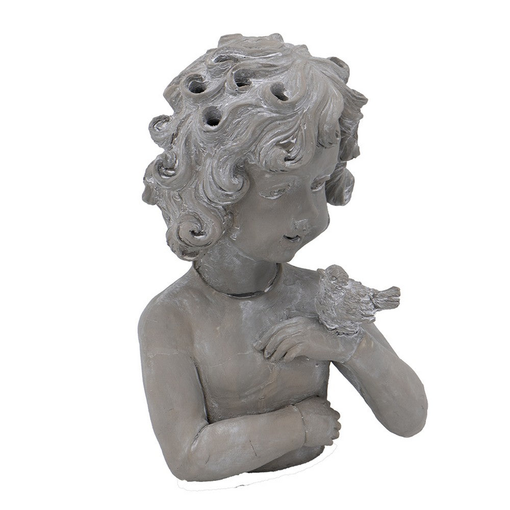 Decorative Vase, Bird on Girl's Hand Sculpture, Gray Polyresin, 12 Inch - BM351009