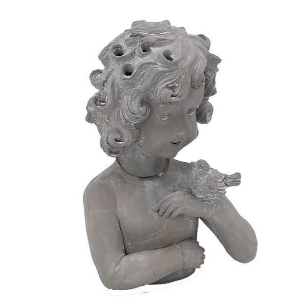 Decorative Vase, Bird on Girl's Hand Sculpture, Gray Polyresin, 12 Inch - BM351009