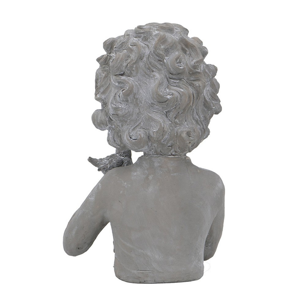 Decorative Vase, Bird on Girl's Hand Sculpture, Gray Polyresin, 12 Inch - BM351009
