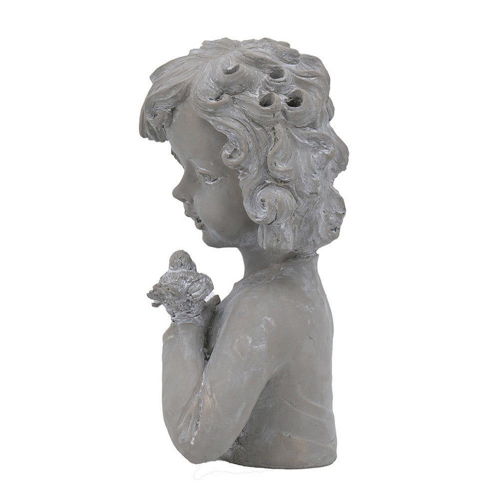 Decorative Vase, Bird on Girl's Hand Sculpture, Gray Polyresin, 12 Inch - BM351009