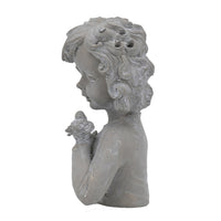 Decorative Vase, Bird on Girl's Hand Sculpture, Gray Polyresin, 12 Inch - BM351009