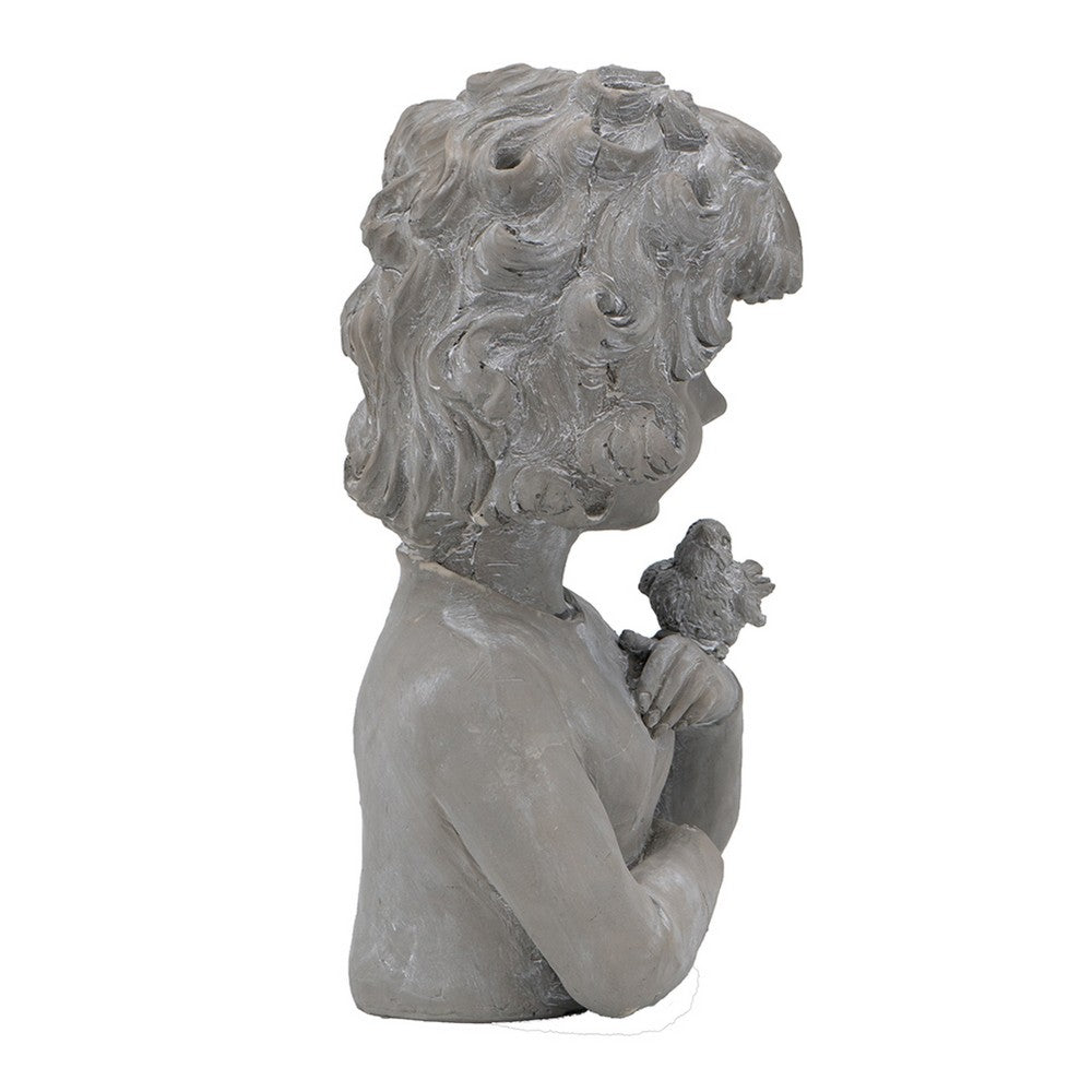 Decorative Vase, Bird on Girl's Hand Sculpture, Gray Polyresin, 12 Inch - BM351009