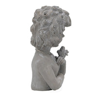 Decorative Vase, Bird on Girl's Hand Sculpture, Gray Polyresin, 12 Inch - BM351009