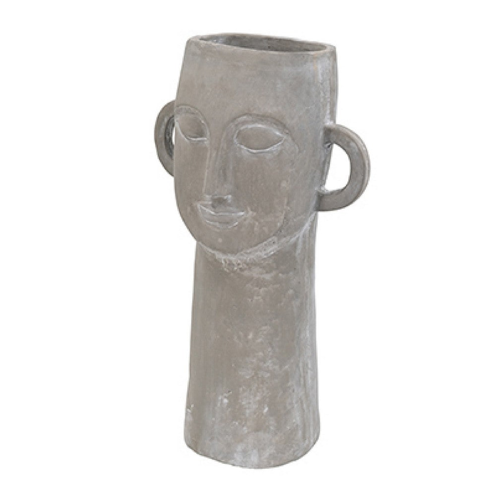 Decorative Vase, Human Face Sculpture, Loop Handles, 21 Inch Gray Cement - BM351011
