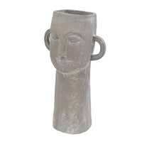 Decorative Vase, Human Face Sculpture, Loop Handles, 21 Inch Gray Cement - BM351011