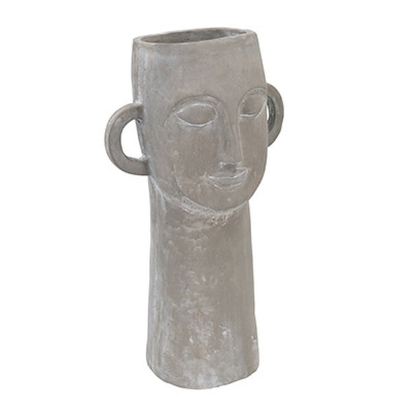 Decorative Vase, Human Face Sculpture, Loop Handles, 21 Inch Gray Cement - BM351011