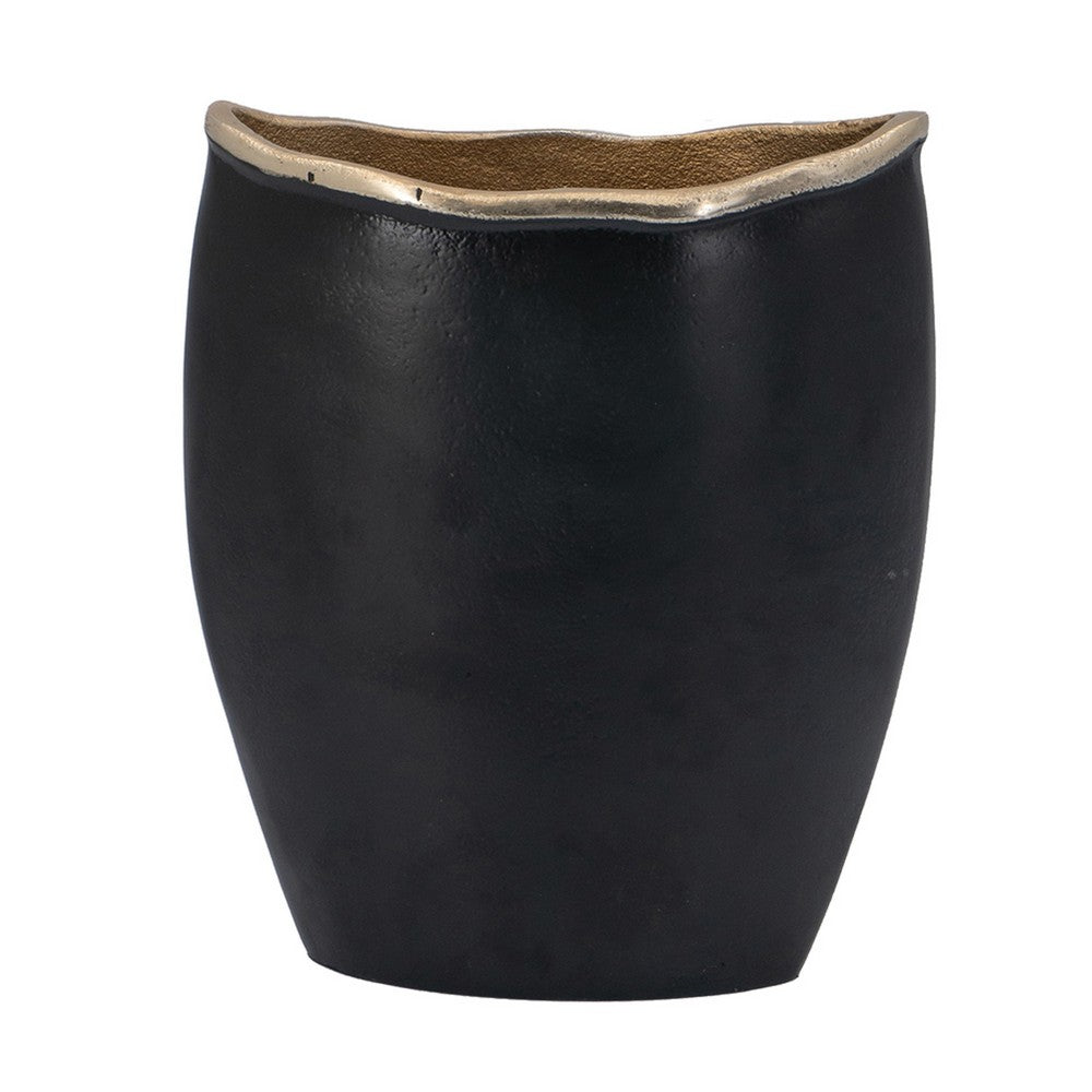 Decorative Oval Vase, Live Edge Curved Gold Rim, Black Aluminum 10 Inch - BM351012