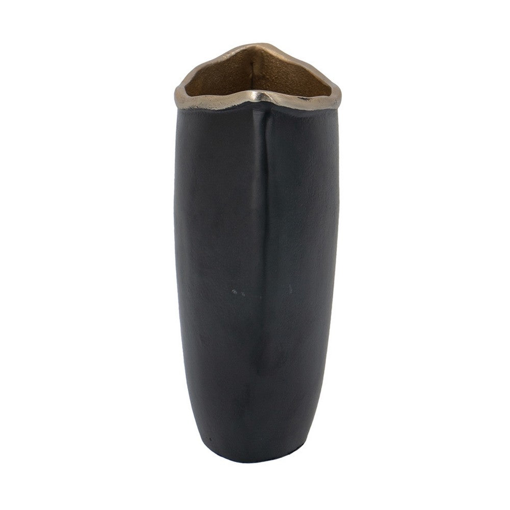 Decorative Oval Vase, Live Edge Curved Gold Rim, Black Aluminum 10 Inch - BM351012