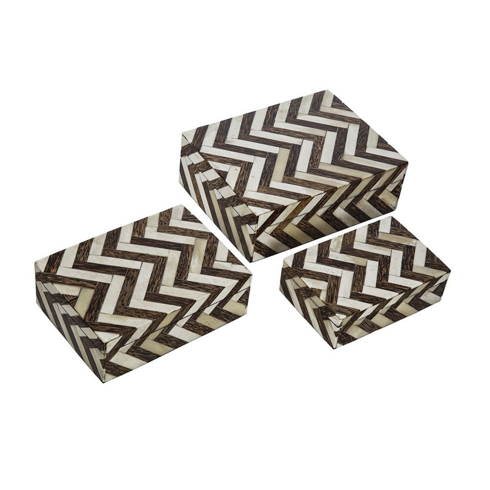 Storage Box Set of 3, Zigzag Bone Inlay, White and Brown 9 7 6 Inch - BM351013