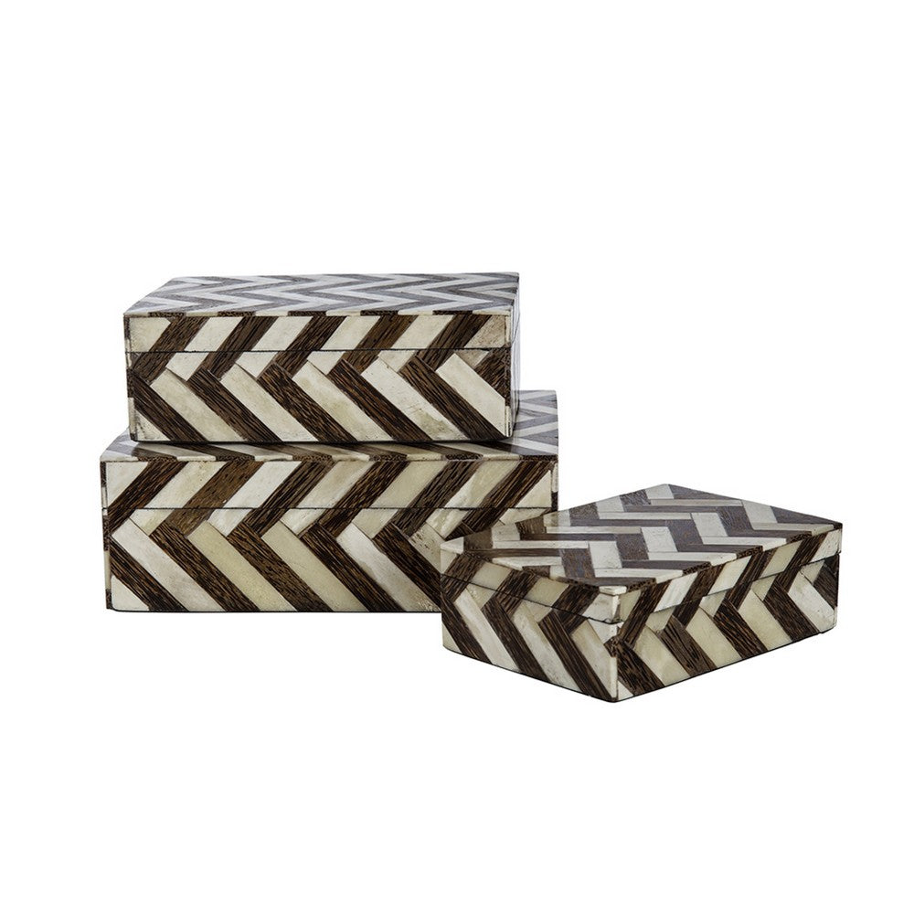 Storage Box Set of 3, Zigzag Bone Inlay, White and Brown 9 7 6 Inch - BM351013