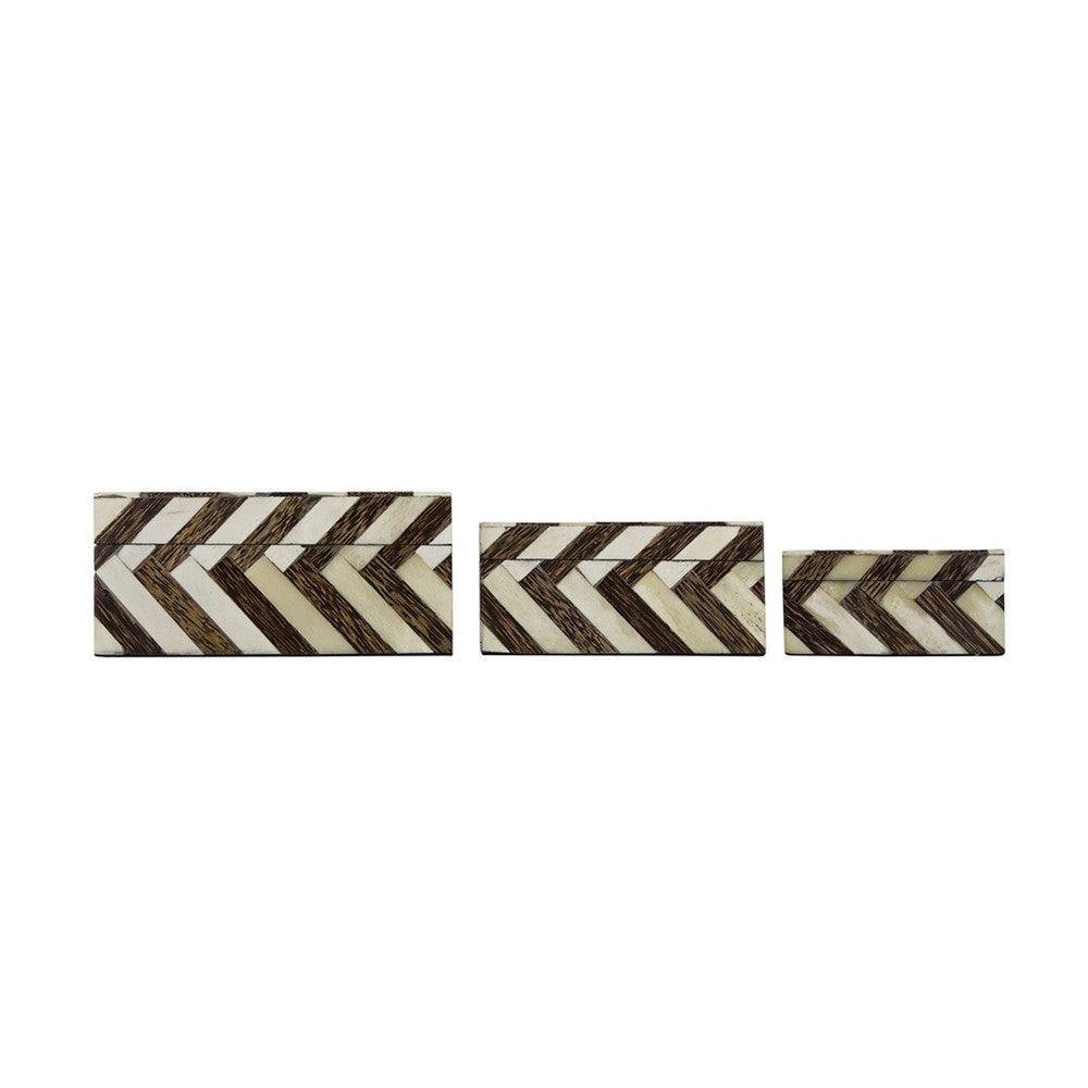 Storage Box Set of 3, Zigzag Bone Inlay, White and Brown 9 7 6 Inch - BM351013
