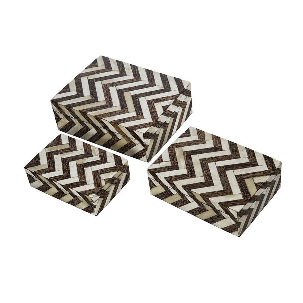 Storage Box Set of 3, Zigzag Bone Inlay, White and Brown 9 7 6 Inch - BM351013