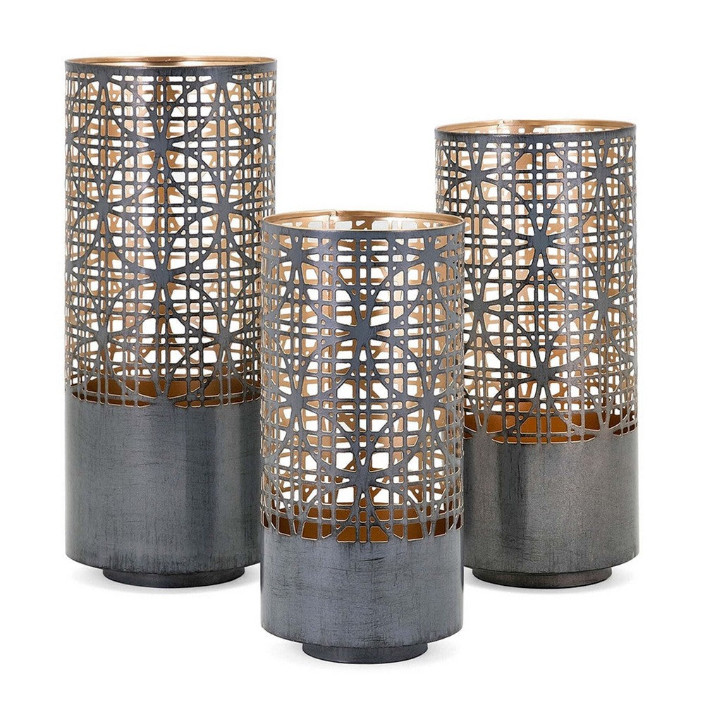 Lantern Set of 3, Cylindrical Pieced Lattice Gold Gray Metal, 15,13,11 Inch - BM351015