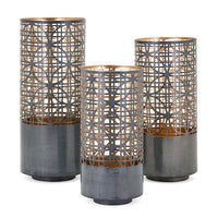 Lantern Set of 3, Cylindrical Pieced Lattice Gold Gray Metal, 15,13,11 Inch - BM351015