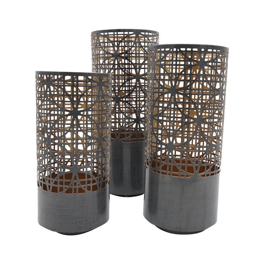 Lantern Set of 3, Cylindrical Pieced Lattice Gold Gray Metal, 15,13,11 Inch - BM351015