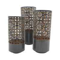 Lantern Set of 3, Cylindrical Pieced Lattice Gold Gray Metal, 15,13,11 Inch - BM351015