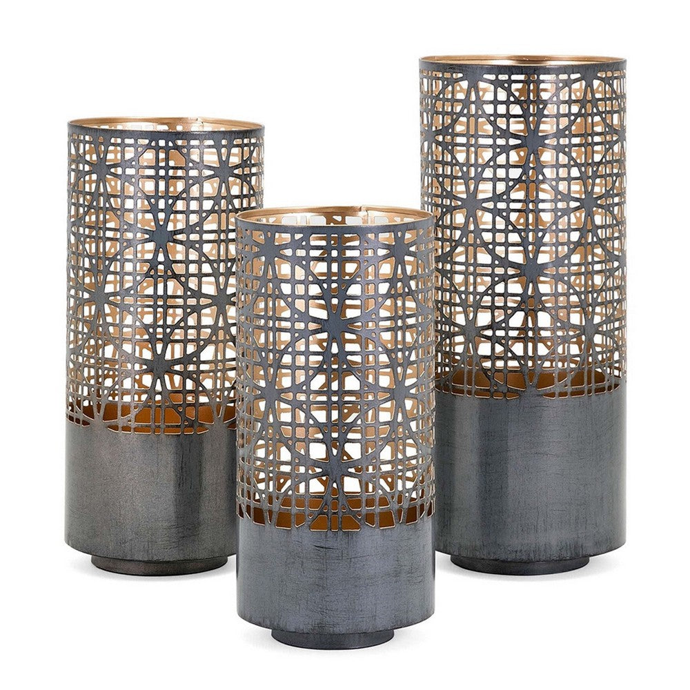 Lantern Set of 3, Cylindrical Pieced Lattice Gold Gray Metal, 15,13,11 Inch - BM351015