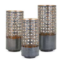 Lantern Set of 3, Cylindrical Pieced Lattice Gold Gray Metal, 15,13,11 Inch - BM351015