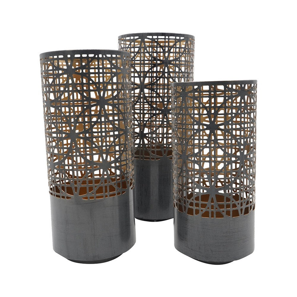Lantern Set of 3, Cylindrical Pieced Lattice Gold Gray Metal, 15,13,11 Inch - BM351015