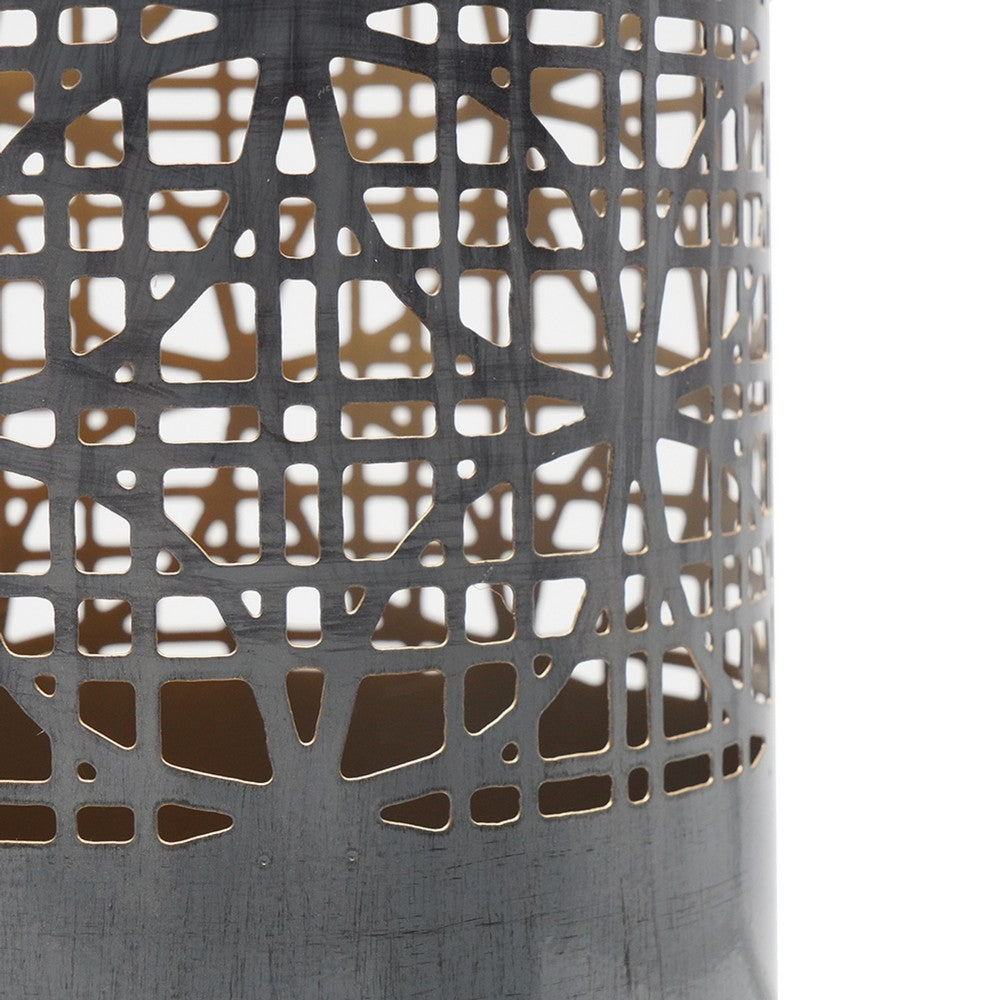 Lantern Set of 3, Cylindrical Pieced Lattice Gold Gray Metal, 15,13,11 Inch - BM351015