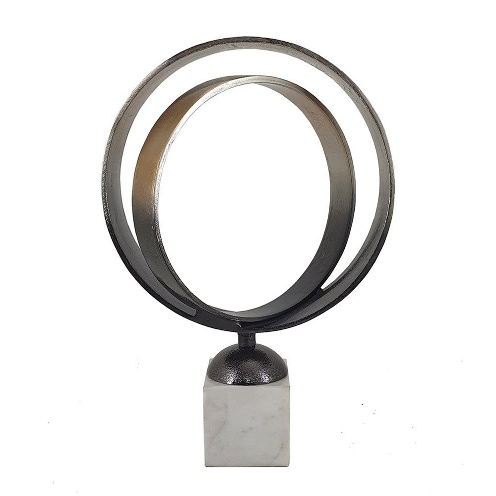 19 Inch Tabletop Decor, Ring Statuary on White Marble Base, Black Metal - BM351017