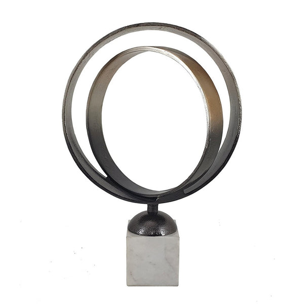 19 Inch Tabletop Decor, Ring Statuary on White Marble Base, Black Metal - BM351017