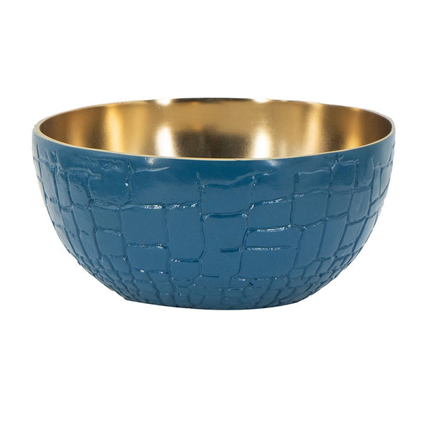 Dany 9 Inch Decorative Bowl, Crocodile Texture, Blue and Gold Aluminum - BM351019