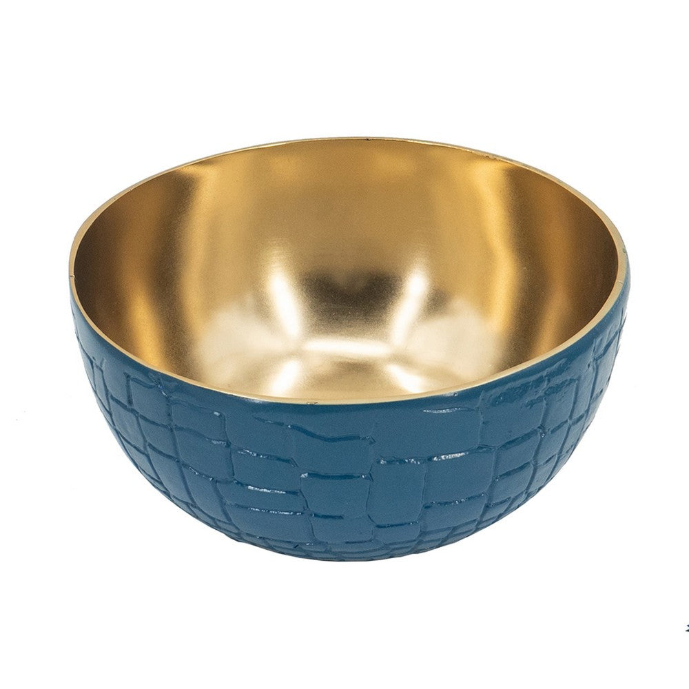 Dany 9 Inch Decorative Bowl, Crocodile Texture, Blue and Gold Aluminum - BM351019