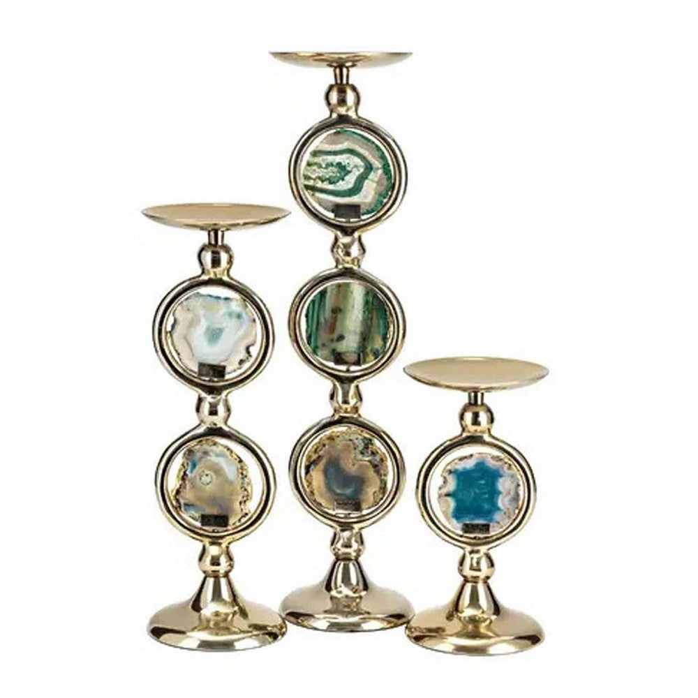 Pillar Candle Holder Set of 3, Gold Aluminum and Natural Agate Inlays - BM351020