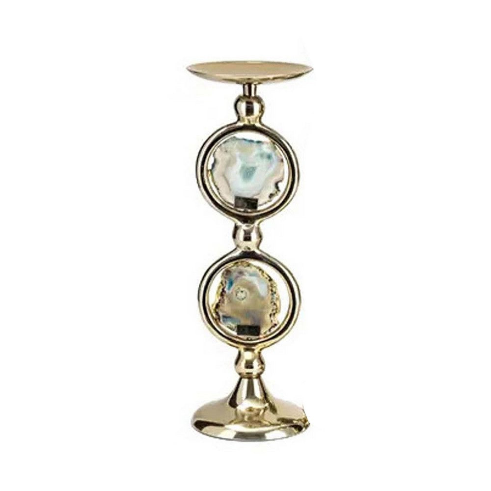 Pillar Candle Holder Set of 3, Gold Aluminum and Natural Agate Inlays - BM351020