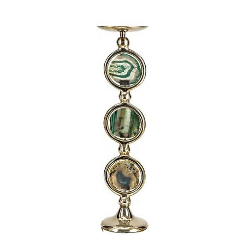 Pillar Candle Holder Set of 3, Gold Aluminum and Natural Agate Inlays - BM351020