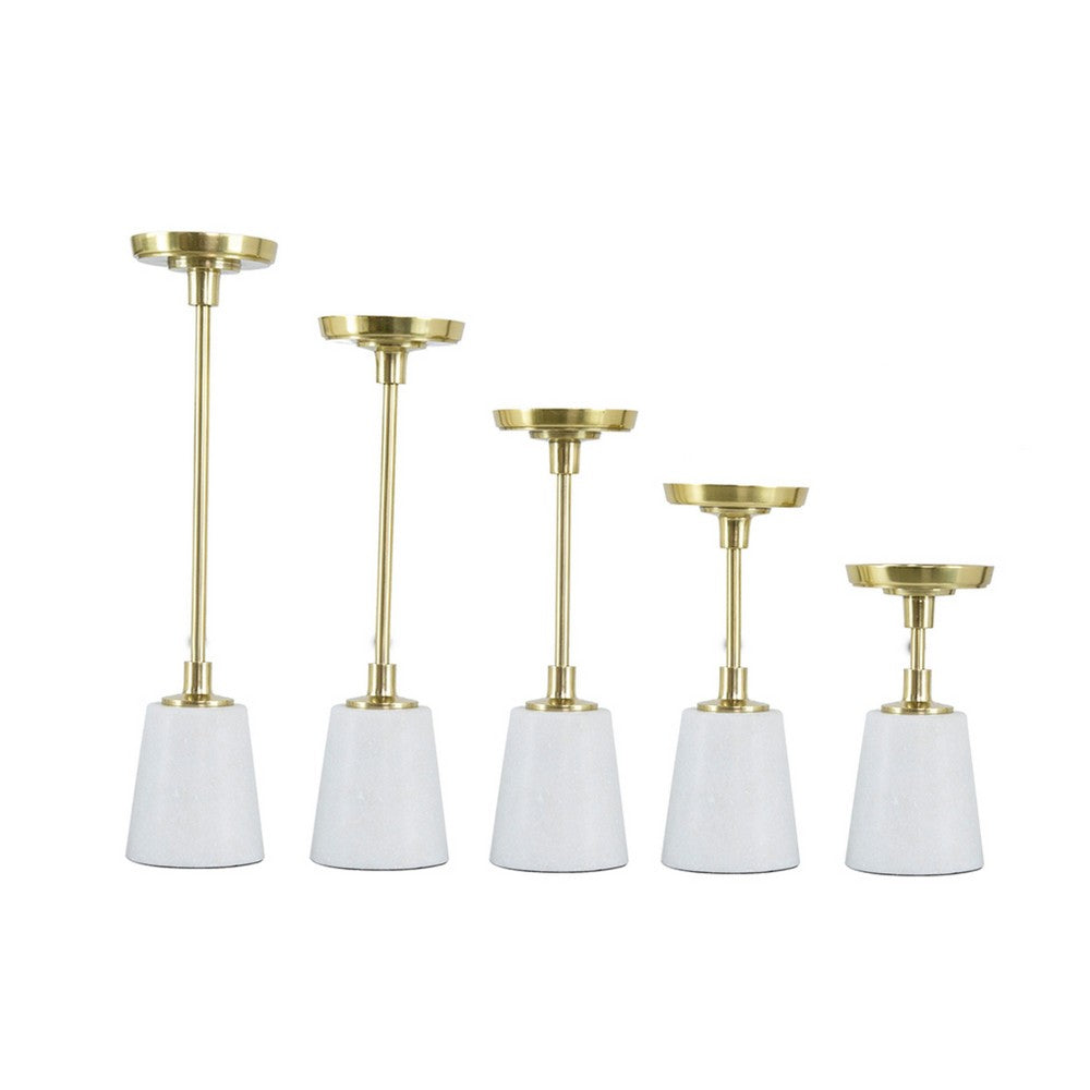 Pillar Candle Holder Set of 5, Gold Aluminum and Thick White Marble Base - BM351021