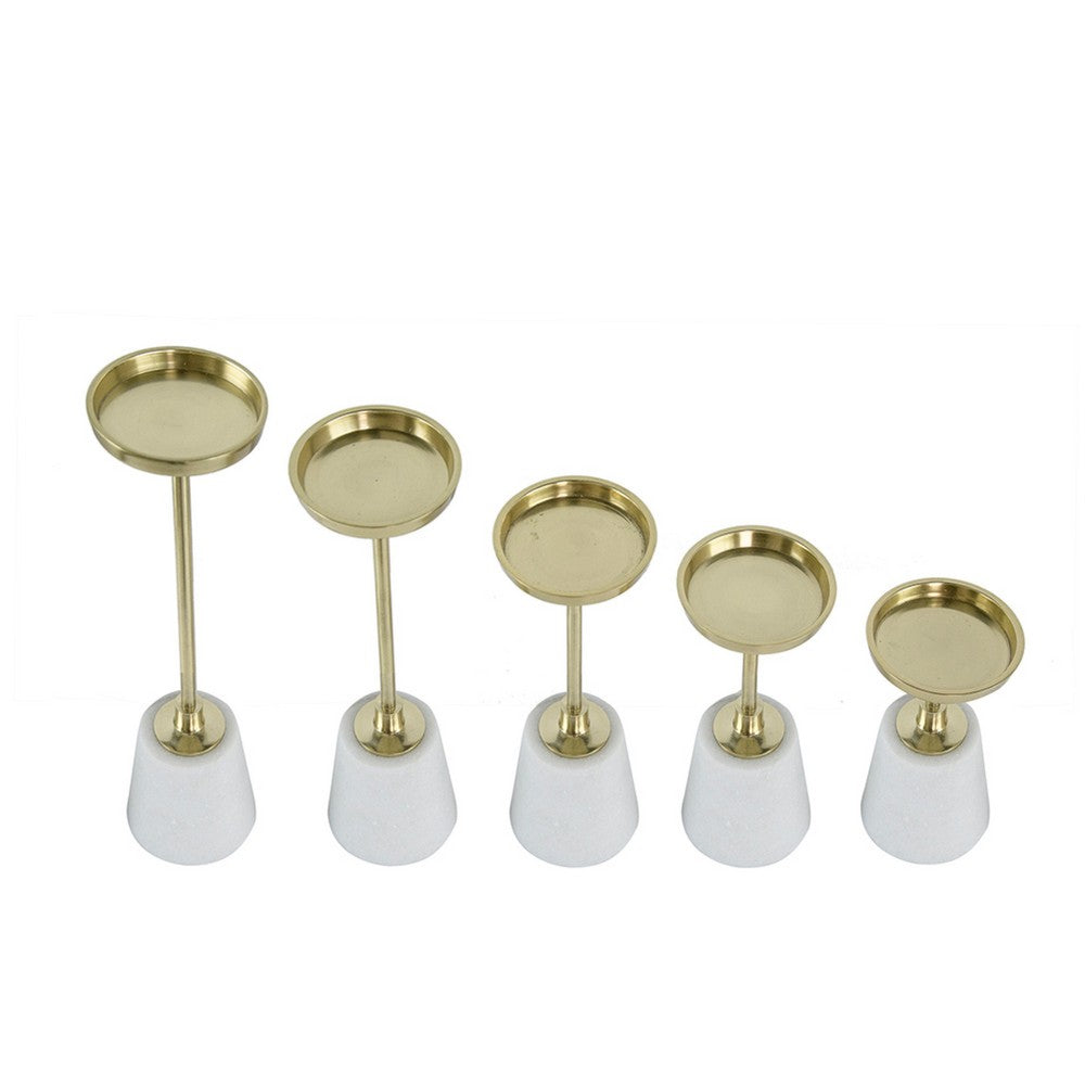 Pillar Candle Holder Set of 5, Gold Aluminum and Thick White Marble Base - BM351021