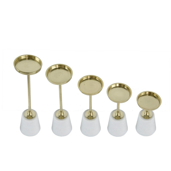 Pillar Candle Holder Set of 5, Gold Aluminum and Thick White Marble Base - BM351021