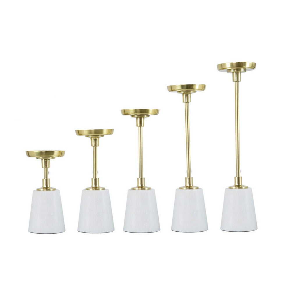 Pillar Candle Holder Set of 5, Gold Aluminum and Thick White Marble Base - BM351021