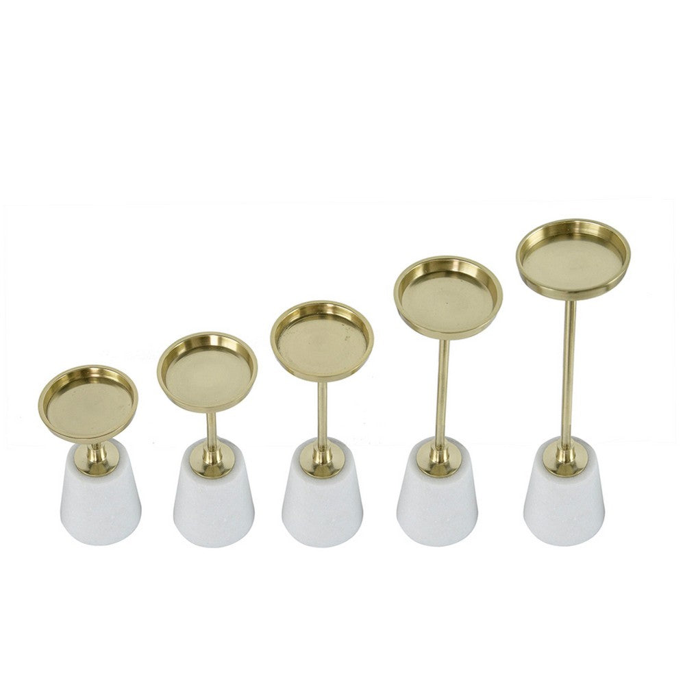 Pillar Candle Holder Set of 5, Gold Aluminum and Thick White Marble Base - BM351021