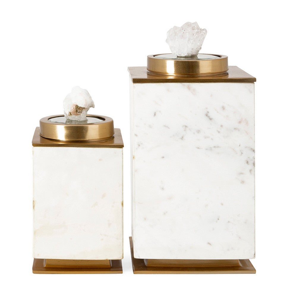 Decorative Canisters, Set of 2 White and Gold Aluminum, Mango Wood - BM351022