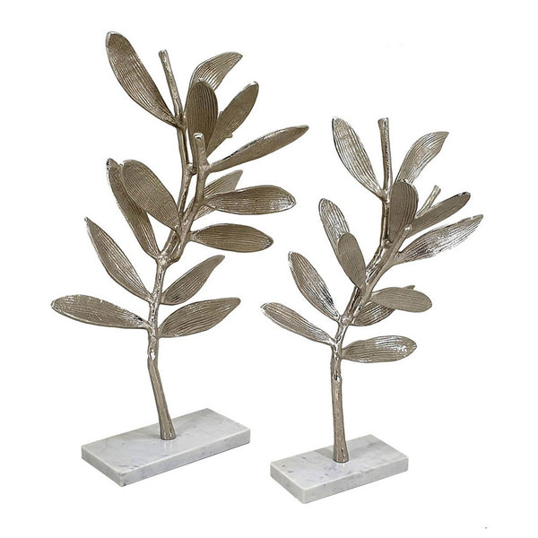 Accent Decor, Set of 2 Silver Leaf Statuary, White Marble Base, 28, 22 - BM351023