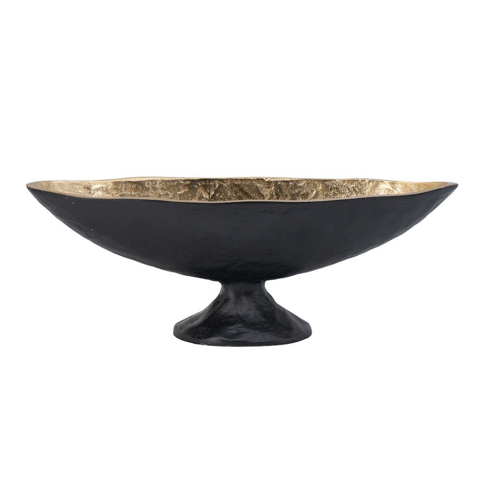 Decorative Bowl, 14 Inch Oval Shape with Pedestal Stand, Black, Gold - BM351025