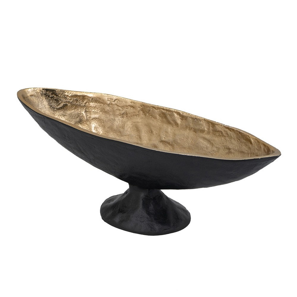 Decorative Bowl, 14 Inch Oval Shape with Pedestal Stand, Black, Gold - BM351025