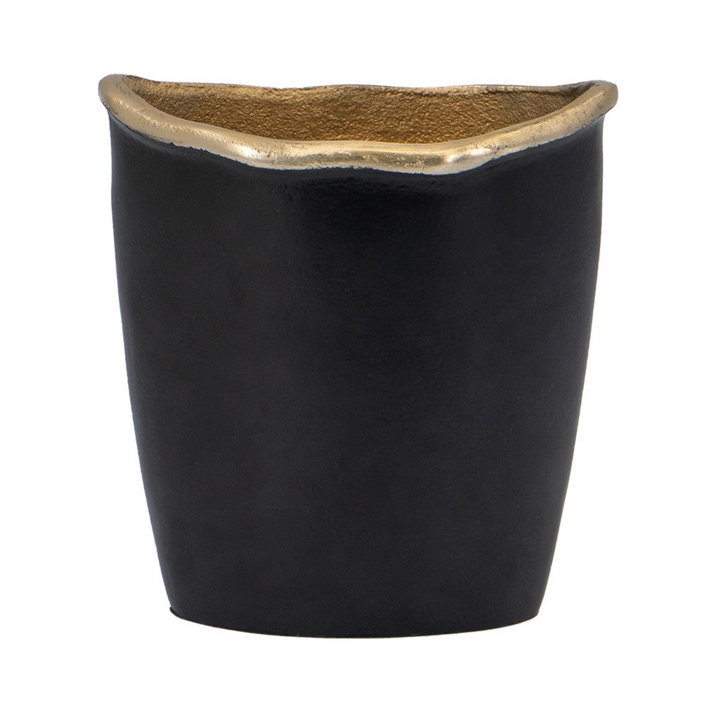 Decorative Vase, 8 Inch Curved Rim Edge Aluminum Black and Gold  - BM351026